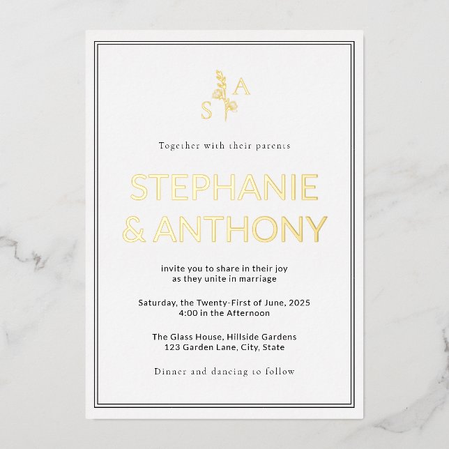 Minimalistische BW-Monogramm-Wildblume Folieneinladung (Vorderseite)