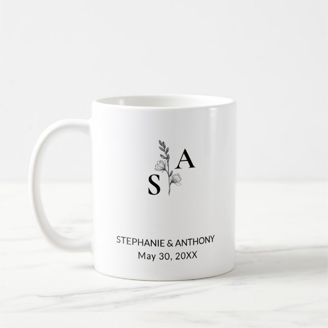 Minimalistische BW-Monogramm-Wildblume Kaffeetasse (Links)