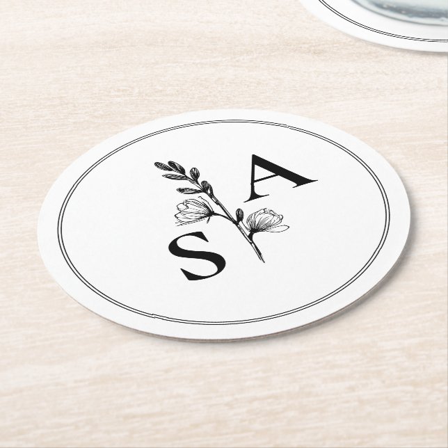 Minimalistische BW-Monogramm-Wildblume Runder Pappuntersetzer (Angewinkelt)