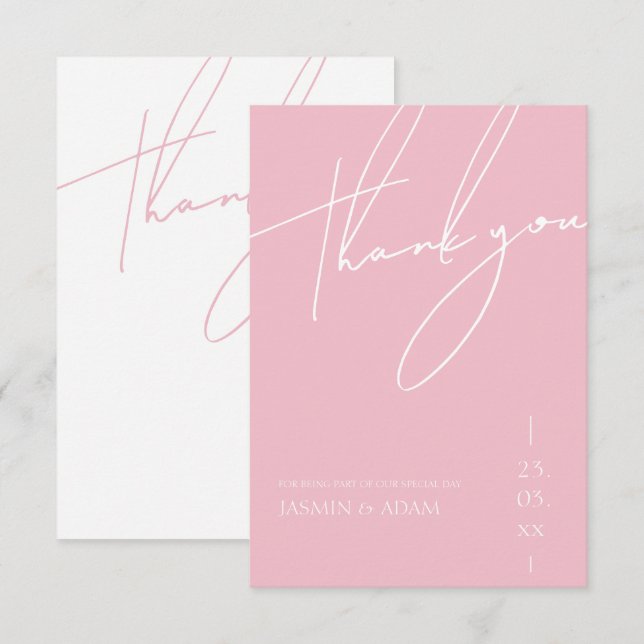 Minimalistische Candy Pink Script Typografy Weddin Dankeskarte (Vorne/Hinten)