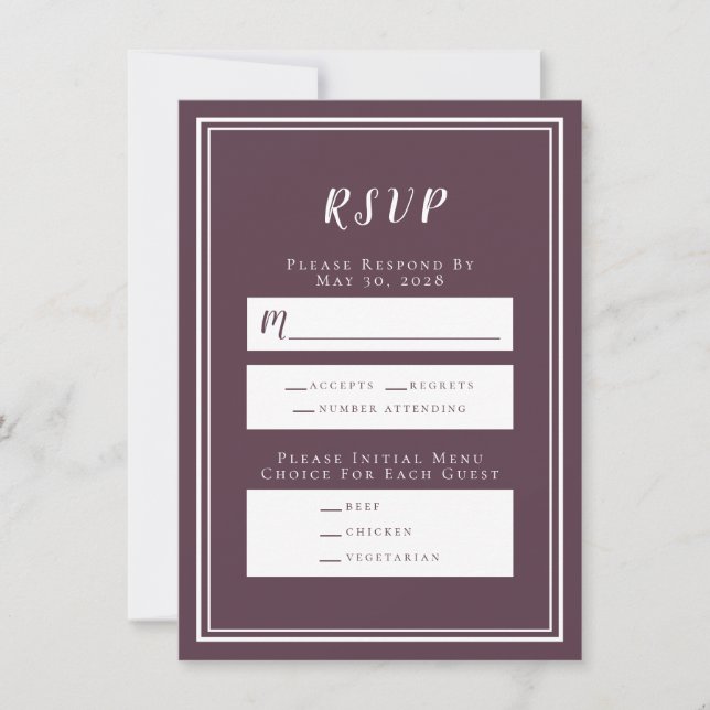 Minimalistische Cassis Lila Wedding RSVP Menu Card (Vorderseite)