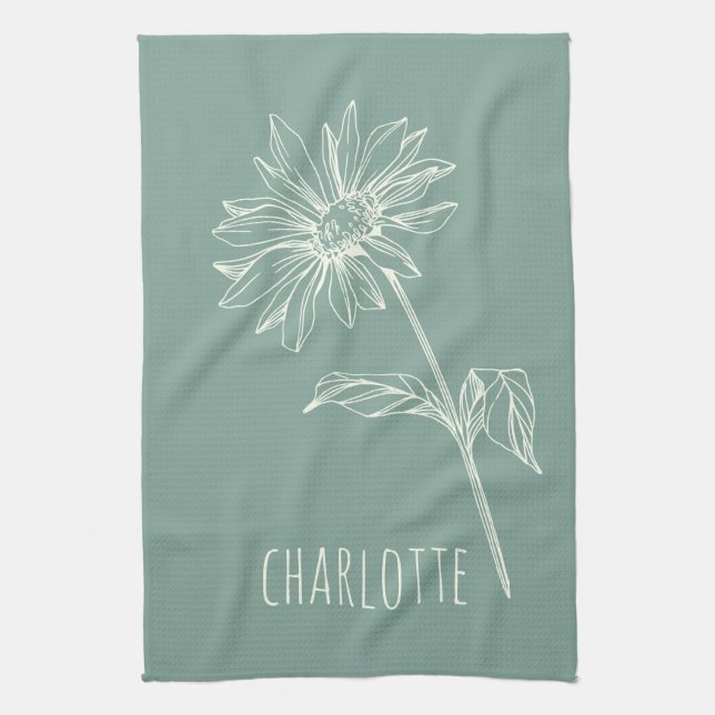 Minimalistische Chamomile-Blume Sage Green Name Geschirrtuch (Vertikal)