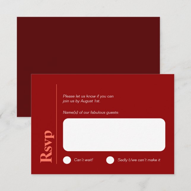Minimalistische Cherry Red and White RSVP-Karte RSVP Karte (Vorne/Hinten)
