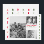Minimalistische Collage des Rot- und Grün-Pops Feiertagskarte<br><div class="desc">Eine einfache minimale Collage aus Foto mit drei schwarz-weißen Fotos mit einem rot-grünen Pop. Fröhliche Weihnachten in rot und grün in vertikaler Schrift umrahmt die Fotos in moderner minimalistischer Typografie. Eine sehr einfache, aber elegante Art, Ihre Wünsche zu erfüllen. Personalisieren Sie mit Ihren Fotos, Ihrem Familiennamen und Ihren individuellen Namen....</div>