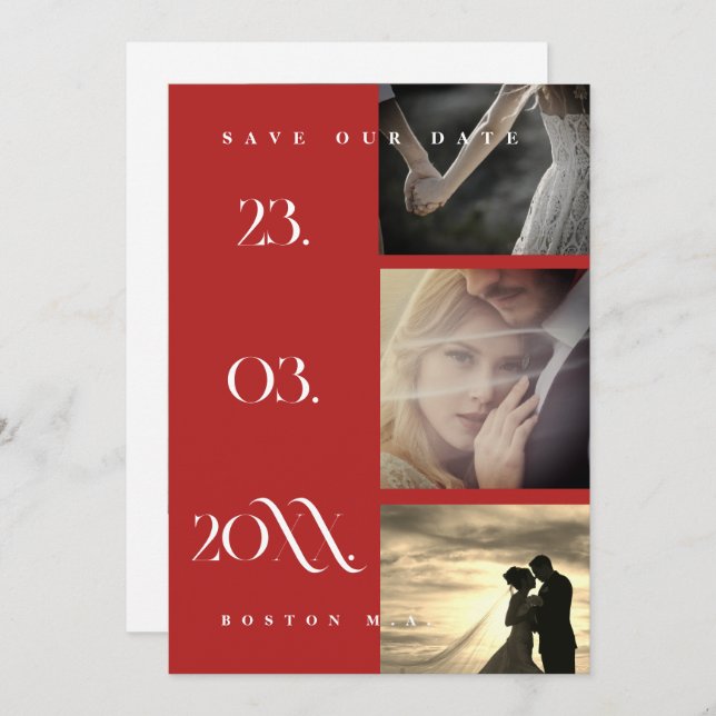 Minimalistische Crimson Red Script 3 Foto Wedding Save The Date (Vorne/Hinten)