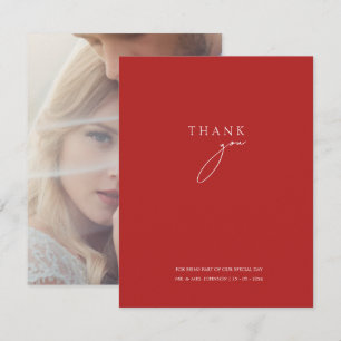 Minimalistische Crimson Red Script Foto Wedding Dankeskarte