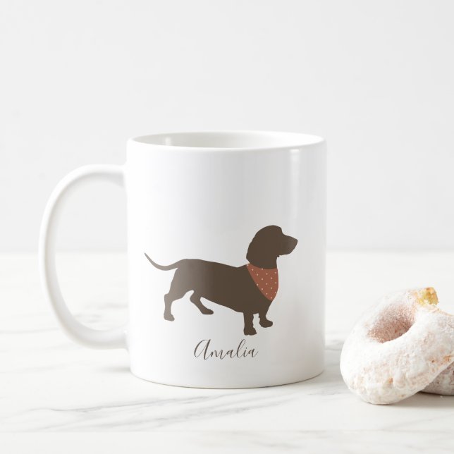 Minimalistische Dackel Silhouette mit Hundename Kaffeetasse (Mit Donut)
