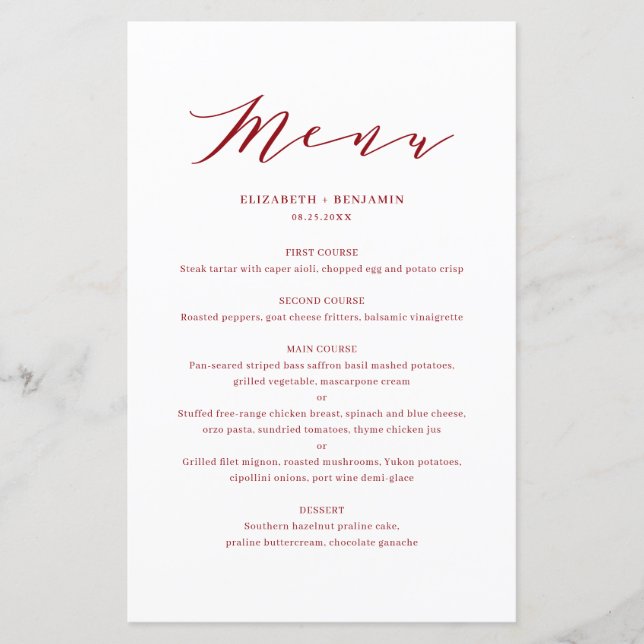 Minimalistische Dainty Script Red Wedding Menu Car (Vorderseite)