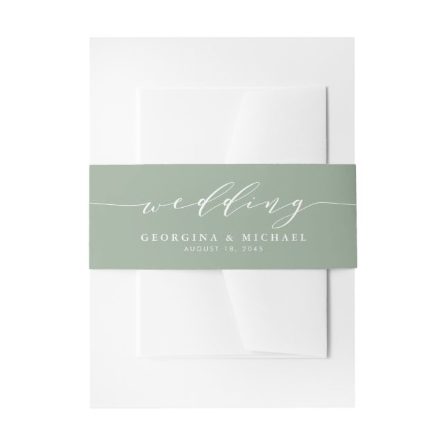 Minimalistische Dainty Script Sage Green Wedding Einladungsbanderole (Vorderseite Beispiel)