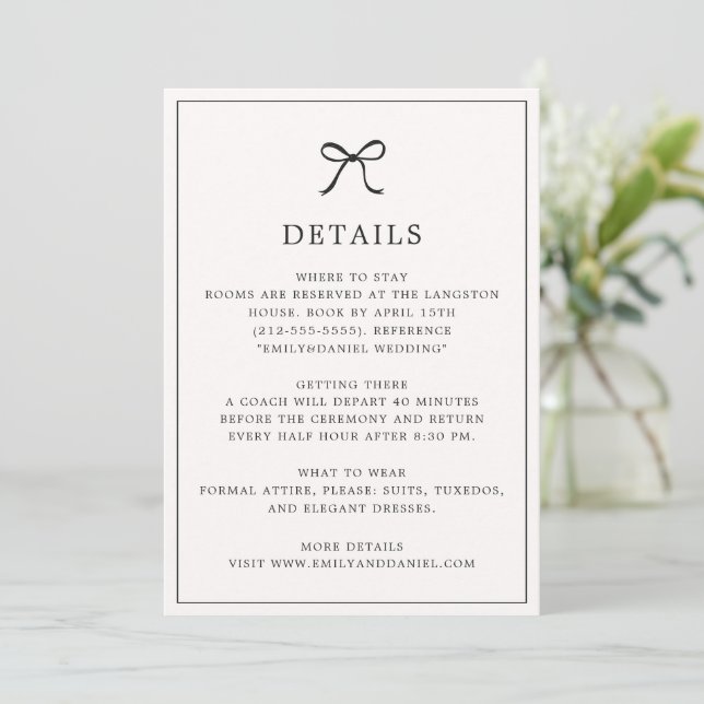 Minimalistische Details-Karte des Schwarzen Bows Save The Date (Stehend Vorderseite)