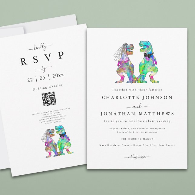 Minimalistische Dinosaur-Hochzeit Einladung (Simple dinosaur theme wedding invitation with colorful watercolor T-Rex bride and groom)