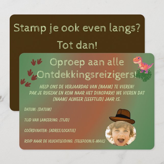 Minimalistische Dinosaurier Einladung – Geburtstag (Vorne/Hinten)