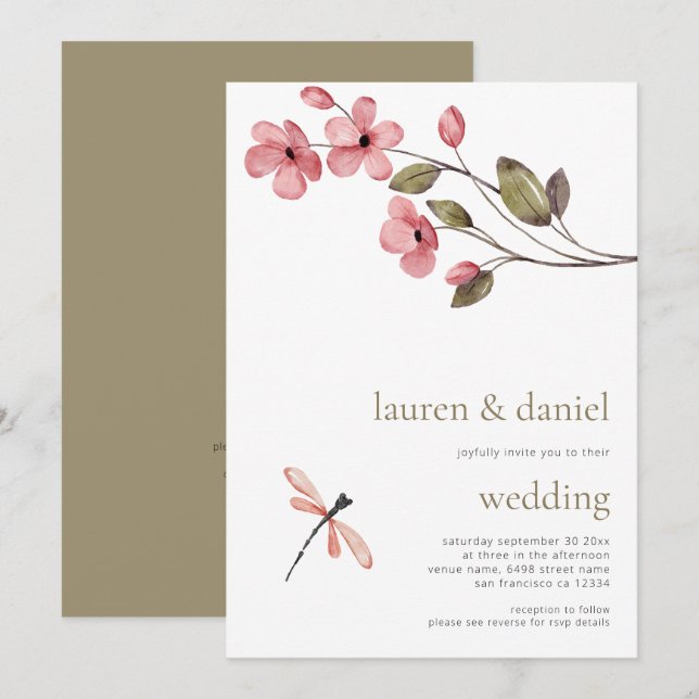 Minimalistische Dragonfly-Wildblume QR Blue Weddin Einladung (Vorne/Hinten)