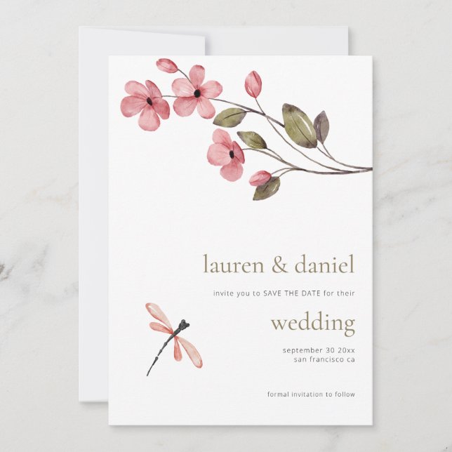 Minimalistische Dragonfly-Wildblume QR Blue Weddin Save The Date (Vorderseite)