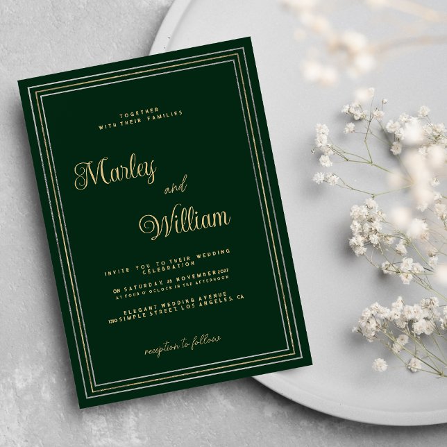 Minimalistische, dunkelgrüne Goldhochzeit Einladung (Minimalist dark green gold silver luxury Wedding )