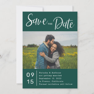 Minimalistische dunkelgrüne und weiße Foto Hochzei Save The Date