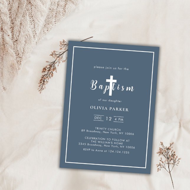 Minimalistische Dusty Blue Cross Boy Taufe Einladung (Minimalist Dusty Blue Cross Boy Baptism Invitation)