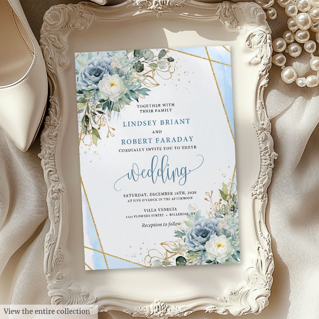 Minimalistische Dusty Blue Gold Blume Hochzeitsrei Einladung (Minimalist Dusty Blue Gold Flowers Wedding Invite)