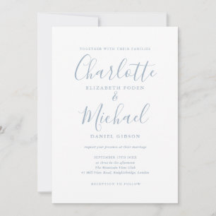 Minimalistische Dusty Blue Signature Script Hochze Einladung