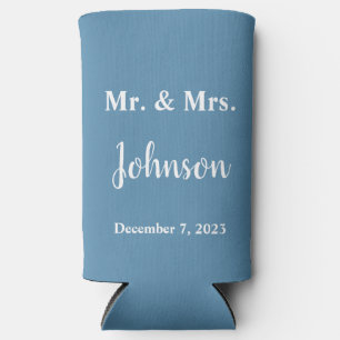 Minimalistische Dusty Blue und White Wedding Selters Dosenkühler