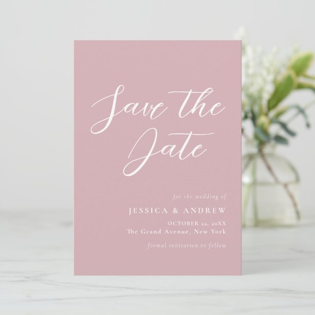 Minimalistische Dusty Pink & White Einfache Hochze Save The Date (Stehend Vorderseite)