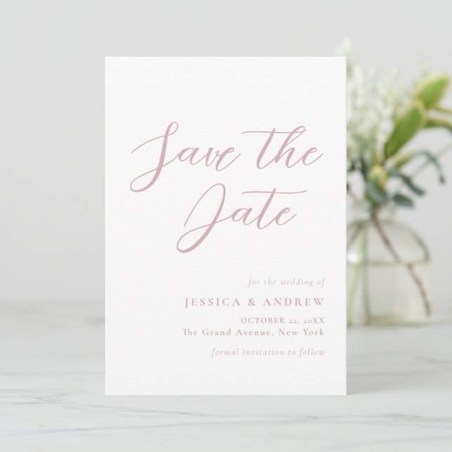 Minimalistische Dusty Pink & White Einfache Hochze Save The Date (Stehend Vorderseite)