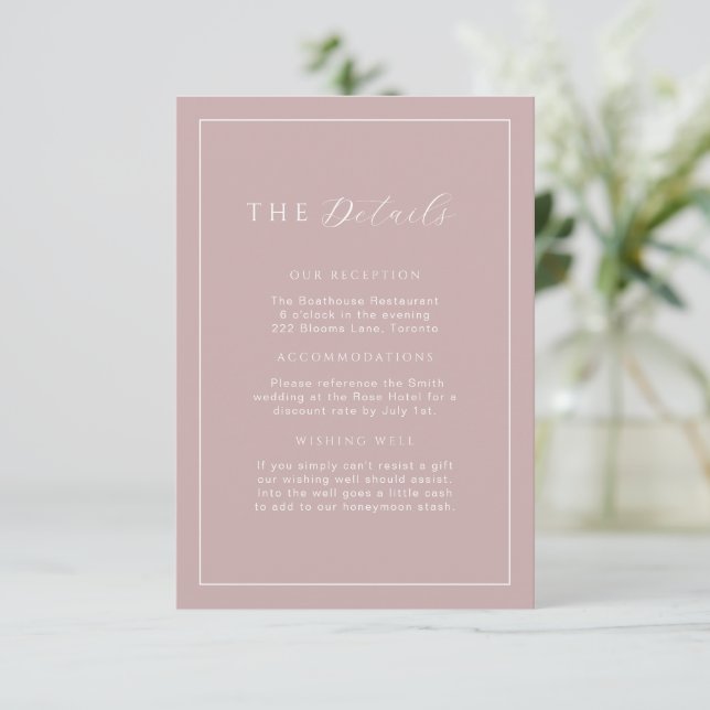 Minimalistische Dusty Rose Blush Wedding Details B Begleitkarte (Stehend Vorderseite)