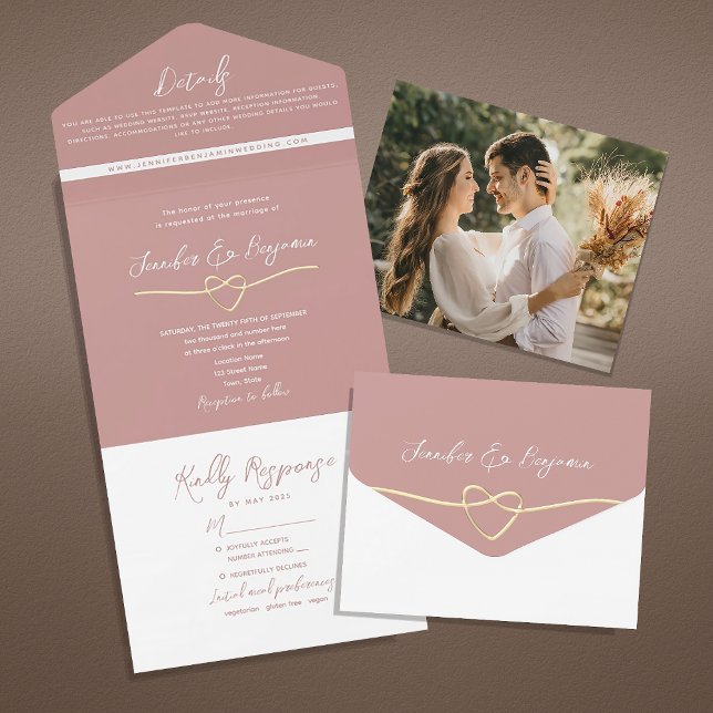Minimalistische Dusty-Rose-Hochzeit All In One Einladung (Von Creator hochgeladen)