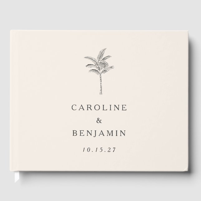 Minimalistische Ecru Palm Tree Line Kunst Hochzeit Gästebuch (Vorderseite)