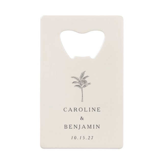 Minimalistische Ecru Palm Tree Line Kunst Hochzeit Geldbeutel Flaschenöffner (Vorderseite)