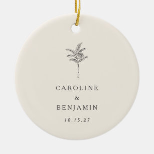Minimalistische Ecru Palm Tree Line Kunst Hochzeit Keramik Ornament
