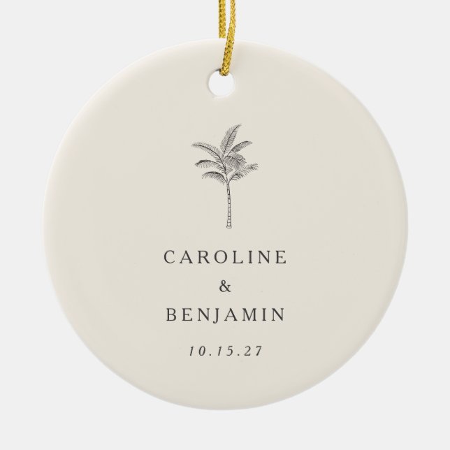Minimalistische Ecru Palm Tree Line Kunst Hochzeit Keramik Ornament (Vorne)