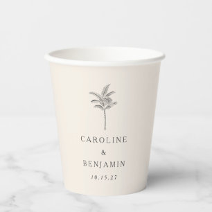 Minimalistische Ecru Palm Tree Line Kunst Hochzeit Pappbecher