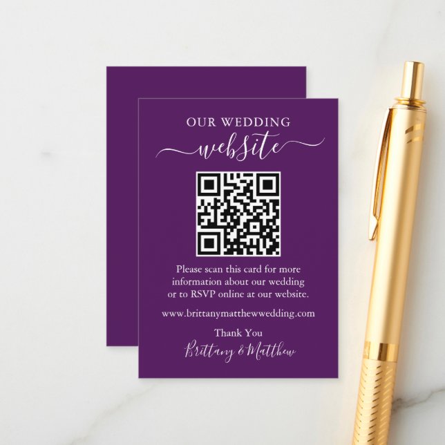Minimalistische einfache Hochzeitwebsite QR Lila Begleitkarte (Vorderseite/Rückseite Beispiel)