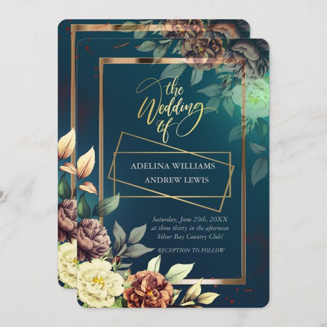Minimalistische einfache Rose, Goldrahmen-Hochzeit Einladung (Vorne/Hinten)