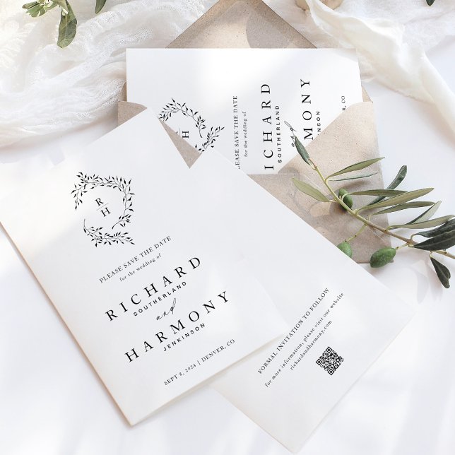 Minimalistische Elegant Monogram Leaf Wreath Weddi Save The Date (Minimalist Elegant Monogram Leaf Wreath Wedding Save The Date)