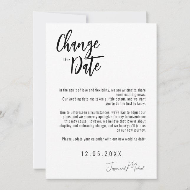 💍 Minimalistische elegante Änderung des Datums Save The Date (Vorderseite)