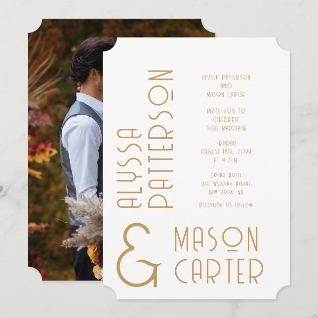 Minimalistische Elegante Gold Moderne Foto Hochzei Einladung (Vorne/Hinten)