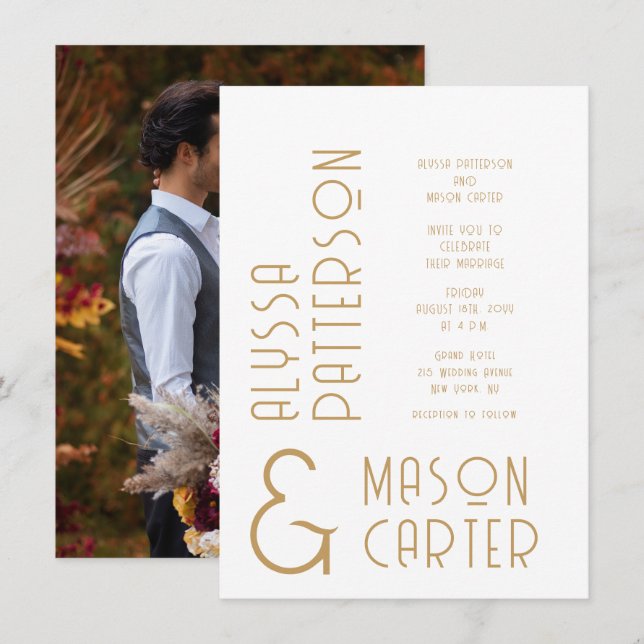 Minimalistische Elegante Gold Moderne Foto Hochzei Einladung (Vorne/Hinten)