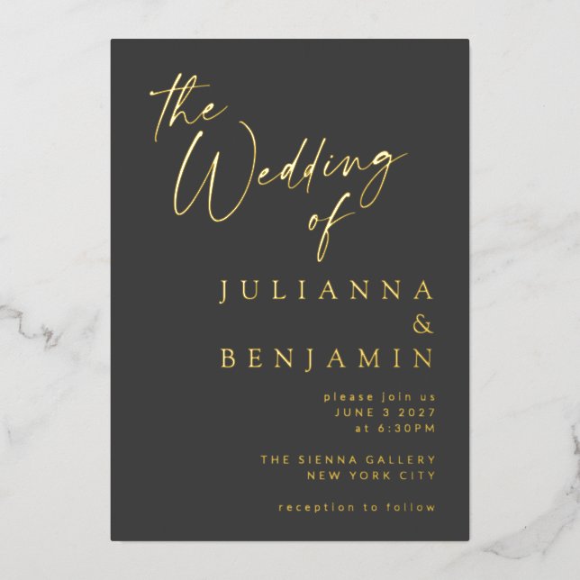 Minimalistische, elegante Goldschrift-Chic-Hochzei Folieneinladung (Vorderseite)