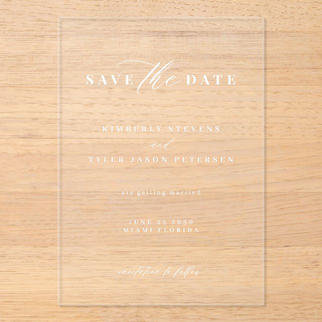 Minimalistische, elegante Hochzeit Save the Date Acryleinladungen (Vorderseite)