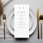 Minimalistische elegante Hochzeitsempfehlung Menükarte<br><div class="desc">Das Minimalistische Schwarz-Weiß-Hochzeitsmenü, eine raffinierte und elegante Ergänzung zu Ihrem Hochzeitstisch, die zeitlos modernes Design mit zeitloser Eleganz vereint. Diese Speisekarten, die mit Präzision und minimalistischer Ästhetik gestaltet wurden, sollen Ihre Essgewohnheiten verbessern und Ihren Gästen einen bleibenden Eindruck verließe. Der markante Kontrast von Schwarz und Weiß verströmt ein Gefühl von...</div>