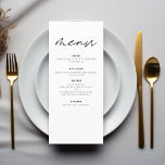 Minimalistische elegante Hochzeitsempfehlung Menükarte<br><div class="desc">Das Minimalistische Schwarz-Weiß-Hochzeitsmenü, eine raffinierte und elegante Ergänzung zu Ihrem Hochzeitstisch, die zeitlos modernes Design mit zeitloser Eleganz vereint. Diese Speisekarten, die mit Präzision und minimalistischer Ästhetik gestaltet wurden, sollen Ihre Essgewohnheiten verbessern und Ihren Gästen einen bleibenden Eindruck verließe. Der markante Kontrast von Schwarz und Weiß verströmt ein Gefühl von...</div>