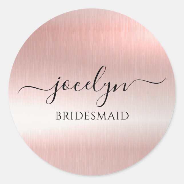 Minimalistische Elegante Rose Gold Script Bridesma Runder Aufkleber (Vorderseite)