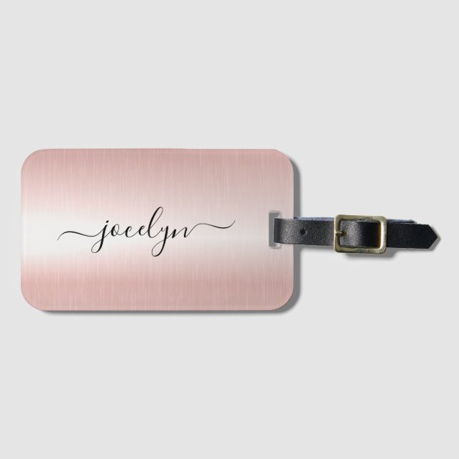 Minimalistische Elegante Rose Gold Script Name Gepäckanhänger (Vorderseite (Horizontal))