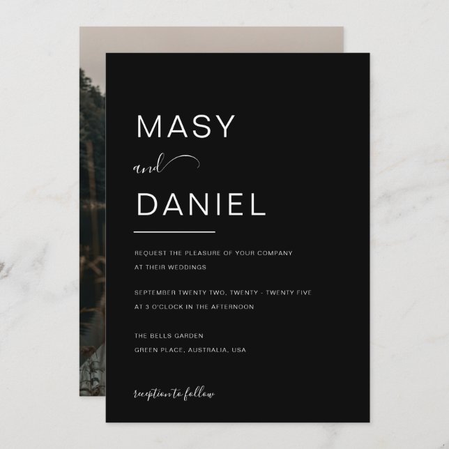 Minimalistische elegante Schwarz-Romantische Foto  Einladung (Vorne/Hinten)