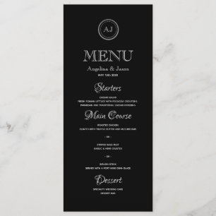 Minimalistische elegante schwarze Hochzeitsdinner Menükarte