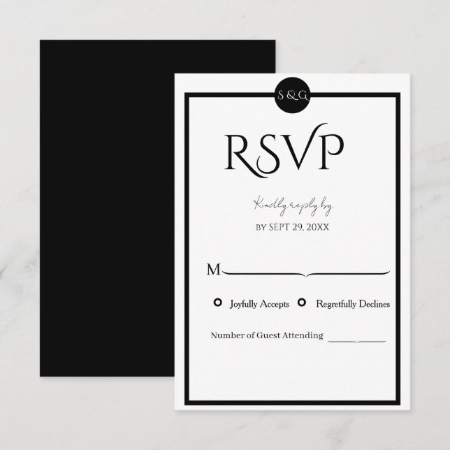 Minimalistische elegante schwarze und weiße Hochze RSVP Karte (Vorne/Hinten)