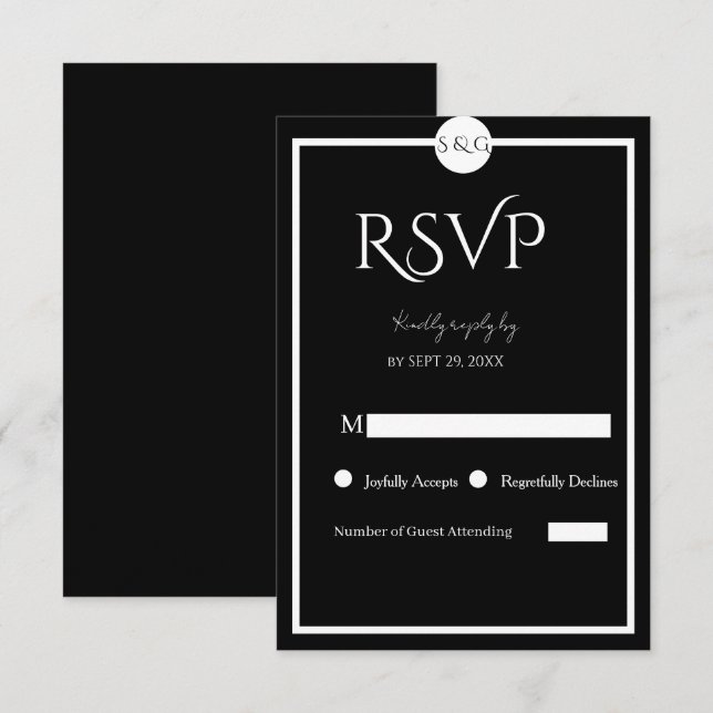 Minimalistische elegante schwarze und weiße Hochze RSVP Karte (Vorne/Hinten)