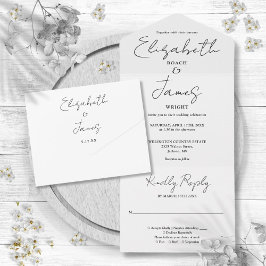 Minimalistische, elegante Script Schwarz-Weiß-Hoch All In One Einladung